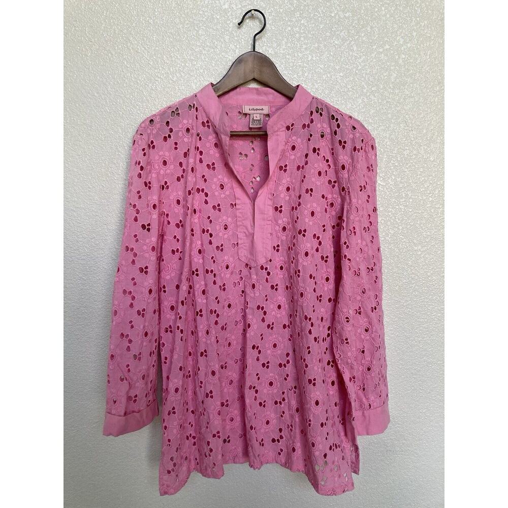 NWOT Lilypod bright pink eyelet blouse long sleeve large women embroidered beach